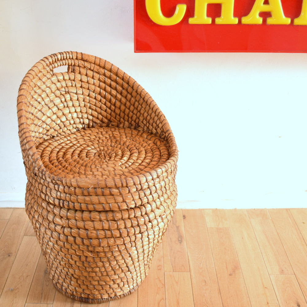 Vintage 1960s Wicker Chair / Storage - Flower Power Cushion