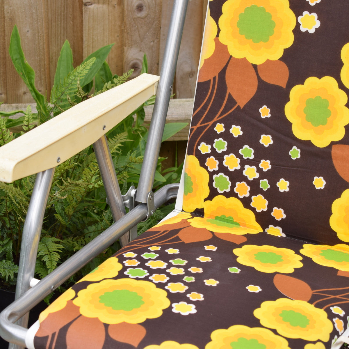 Vintage 1960s Folding, Padded Garden Chair - Flower Power - Yellow & Brown