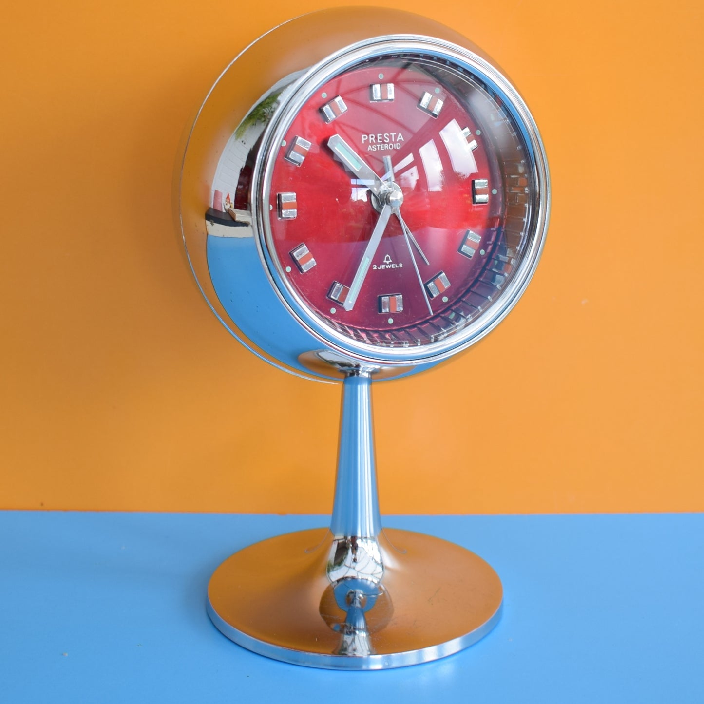 Vintage 1960s Ball Pedestal Alarm Clock - Red & Chrome