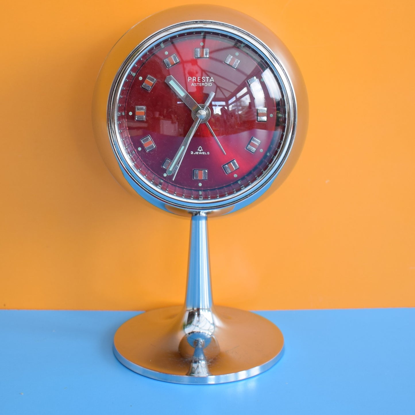 Vintage 1960s Ball Pedestal Alarm Clock - Red & Chrome
