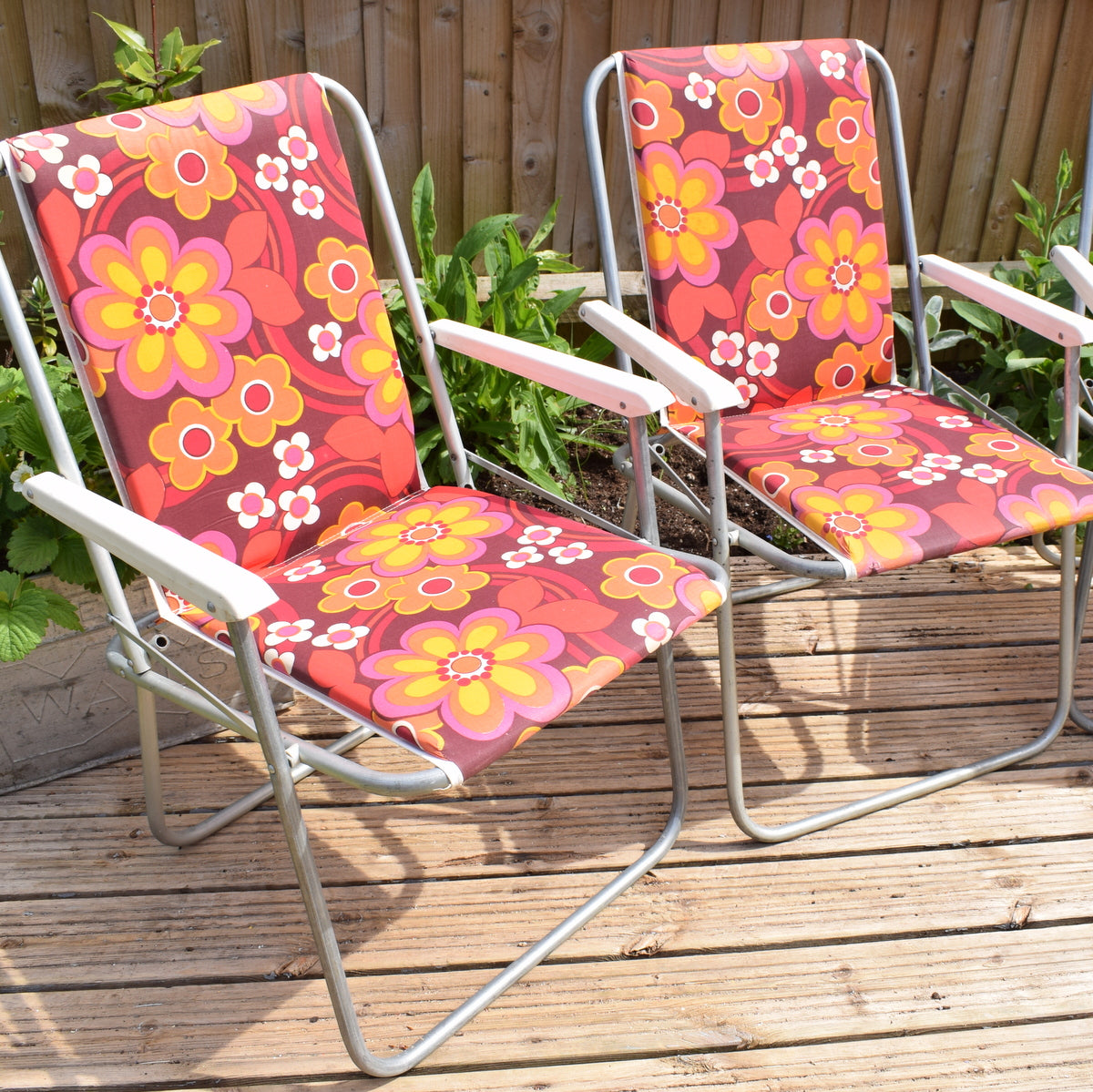 Vintage 1960s Folding, Padded Garden Chairs - Flower Power - Pink & Yellow