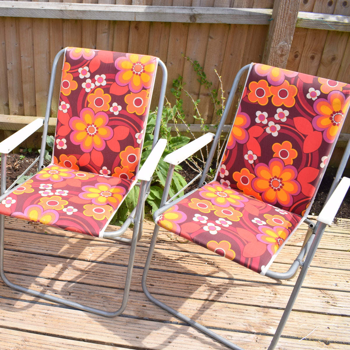 Vintage 1960s Folding, Padded Garden Chairs - Flower Power - Pink & Yellow