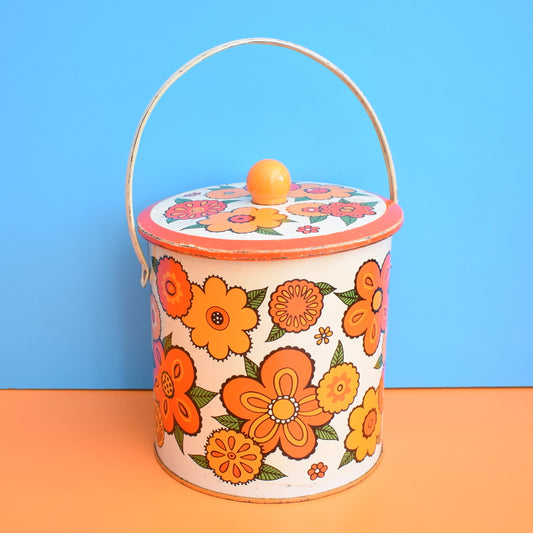 Vintage 1960s Metal Barat Ware Biscuit Tin - Flower Power - Orange