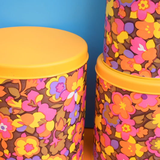 Vintage 1960s Round Metal Tin Set of 3 - Flower Power - Yellow, Pink
