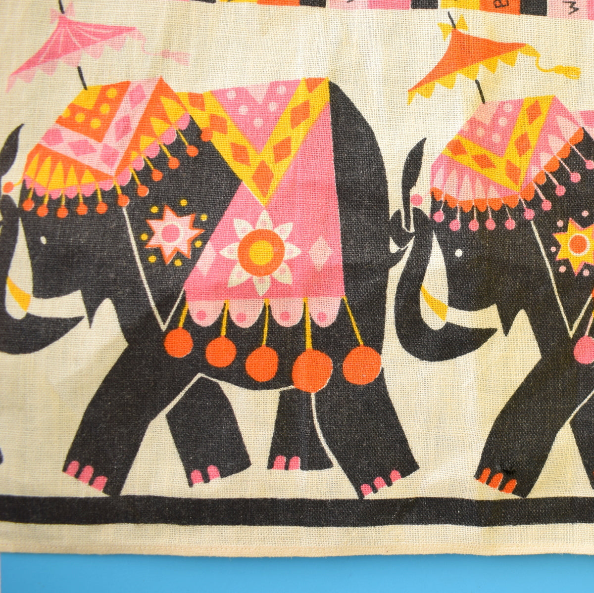 Vintage 1960s Cotton Tea Towel - Flower Power Elephant Design, Orange & Pink