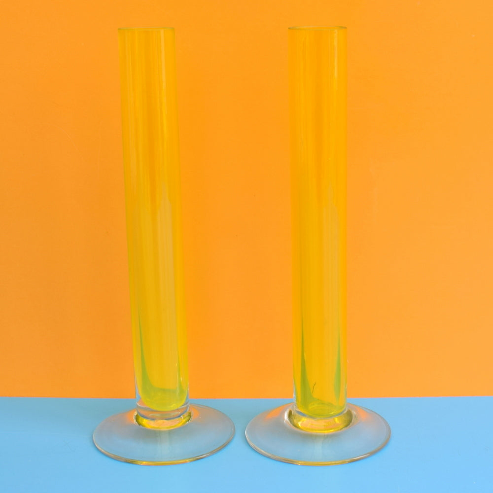 Vintage 1970s Glass Bud Cylinder Vase Pair - Yellow