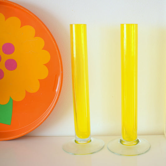Vintage 1970s Glass Bud Cylinder Vase Pair - Yellow