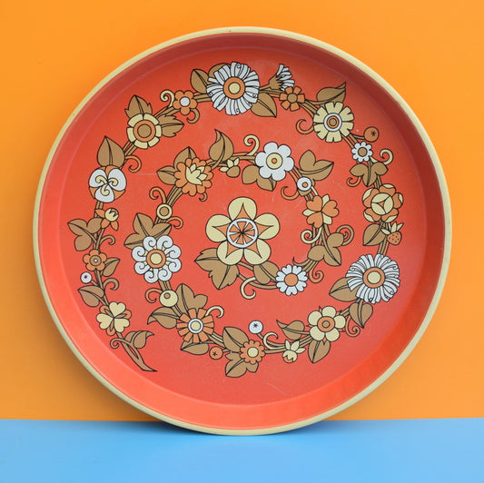 Vintage 1960s Round Tray - Flower Design - Brick Red