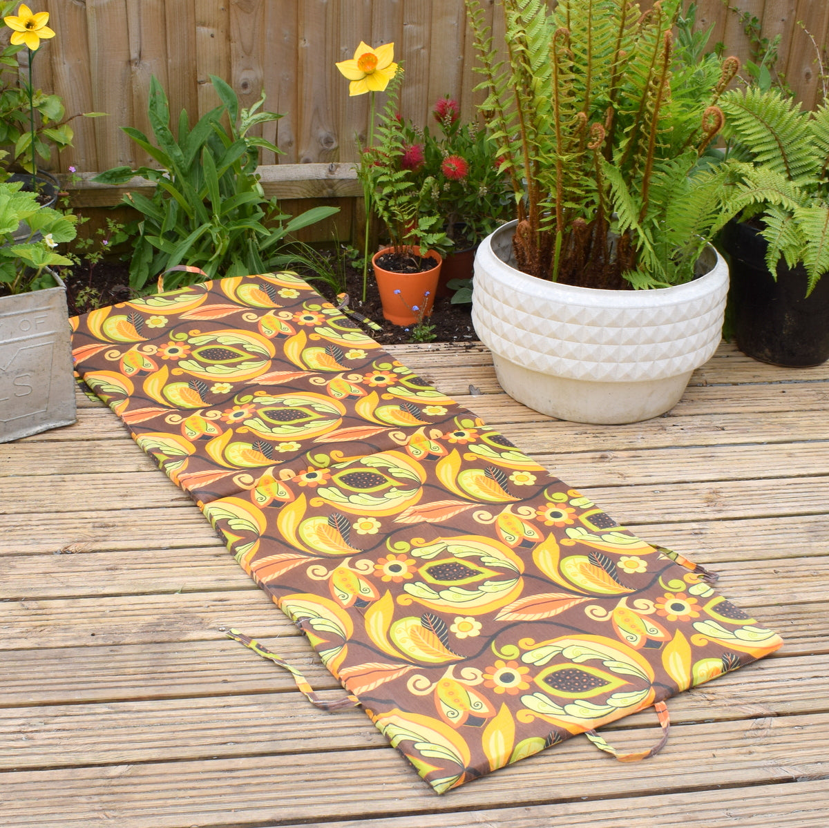 Vintage 1960s Padded Long Folding Cushion - Yellow & Orange Psychedelic Flower Power