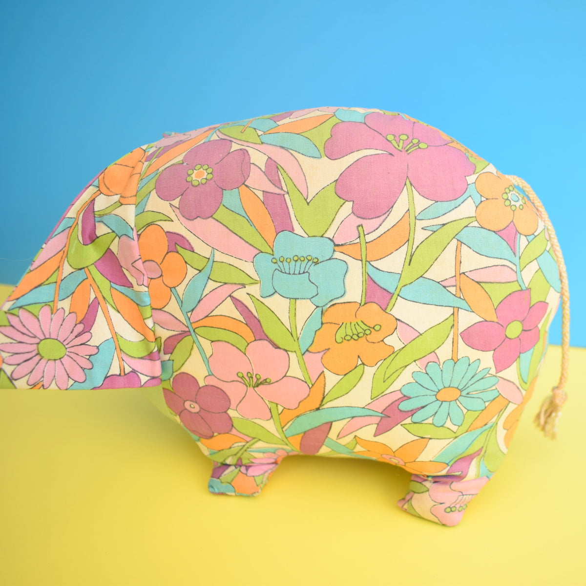 Vintage 1960s Kitsch Pig Toy - Flower Power Fabric