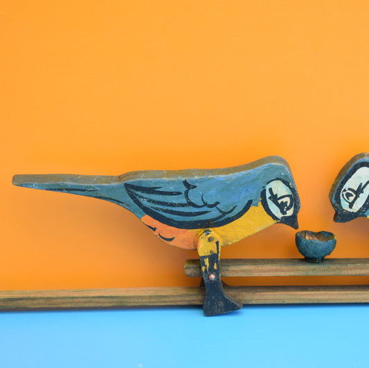 Vintage Wooden Handmade Blue Tit Pecking Toy - Folk Art