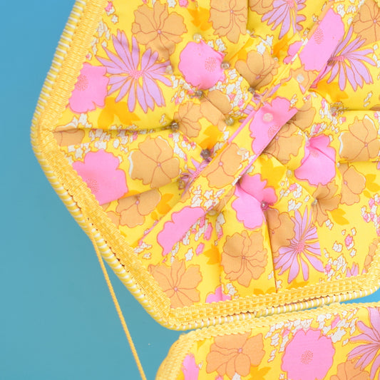 Vintage 1960s Sewing / Hobby Box - Yellow & White Woven With Flower Power
