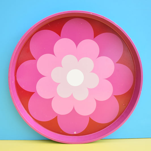 Vintage 1960s Round Tray - Flower Power Design - Pink