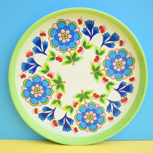 Vintage 1960s Round Tray - Flower Power Design - Green / Blue
