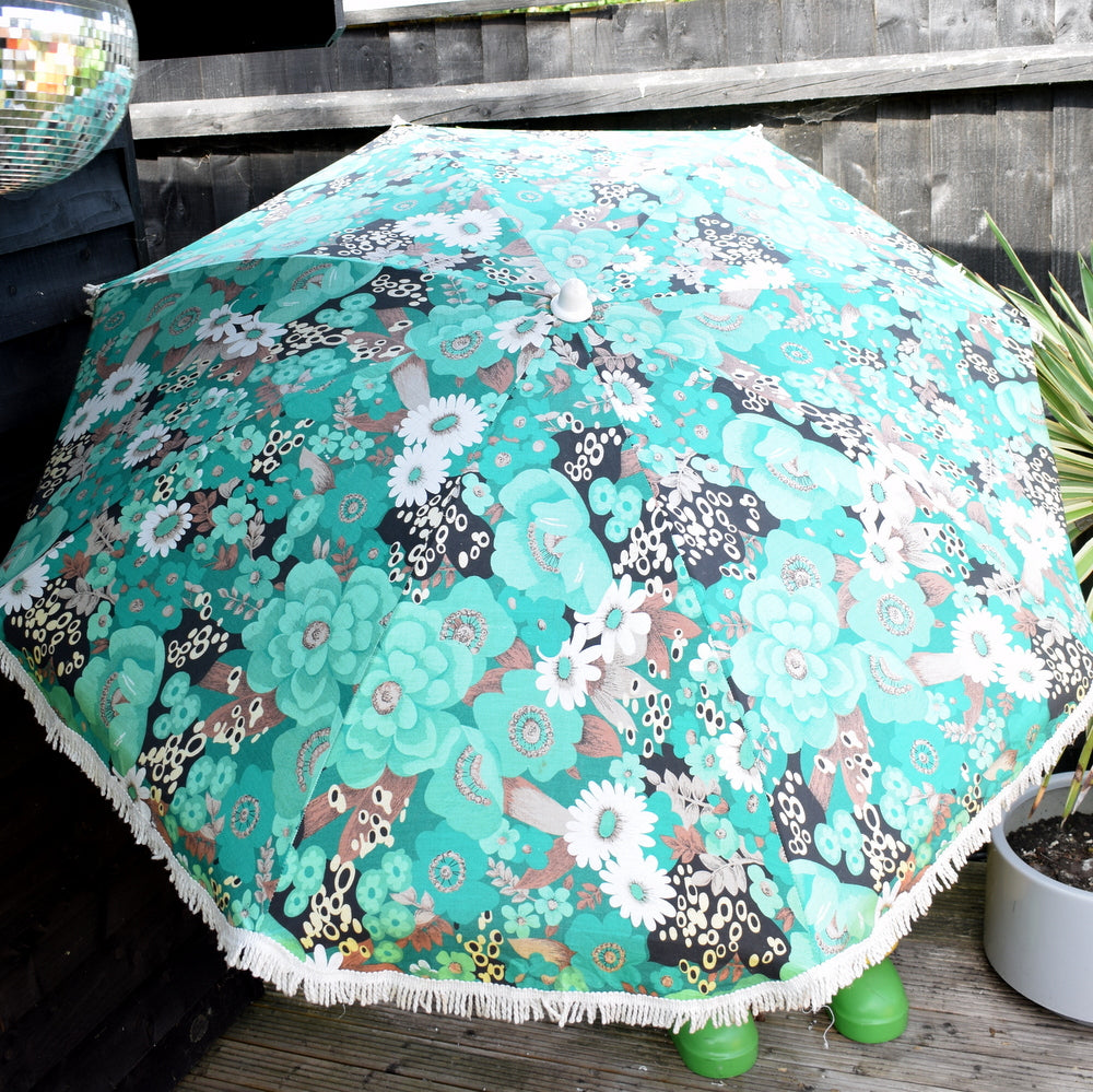 Vintage 1960s Large Parasol - Green / Turquoise Flower Power