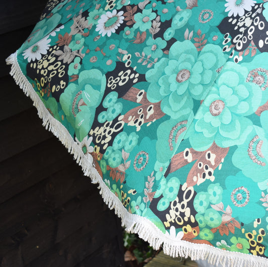 Vintage 1960s Large Parasol - Green / Turquoise Flower Power