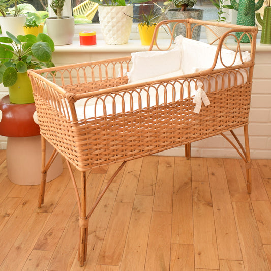 Vintage 1970s Wicker Baby Crib With Bedding