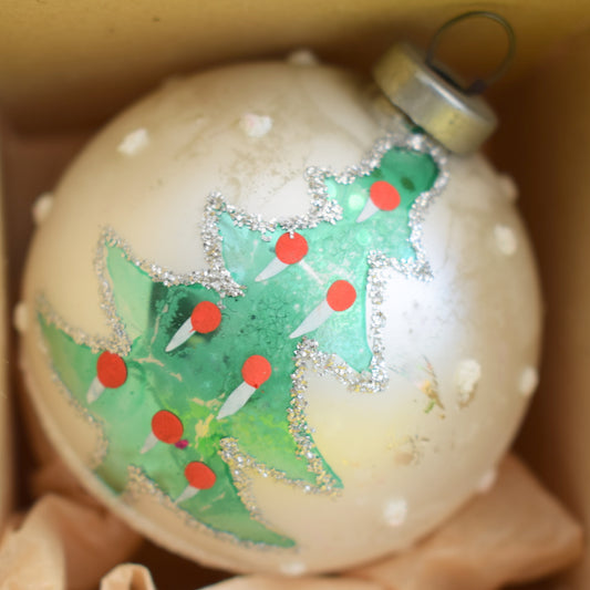 Vintage 1970s Large Medium Glass Christmas Baubles / Decorations - Emerald Green / Trees