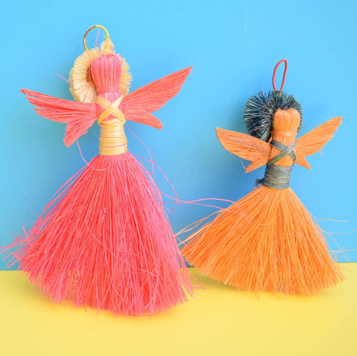 Vintage 1960s Kitsch Thread Angel Decorations x2 - Pink & Orange