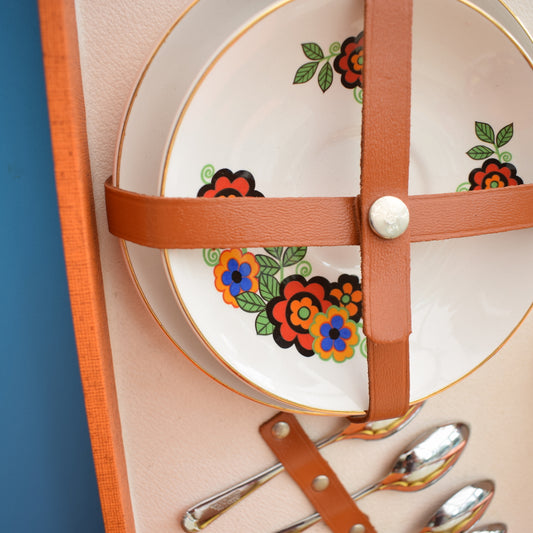 Vintage 1960s Brexton Picnic Box / Set - Flower Power China - Orange Case