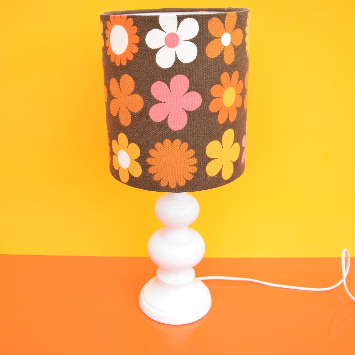 Vintage 1960s Doulton Ceramic Table Lamp - Flower Power Shade, Orange & Brown