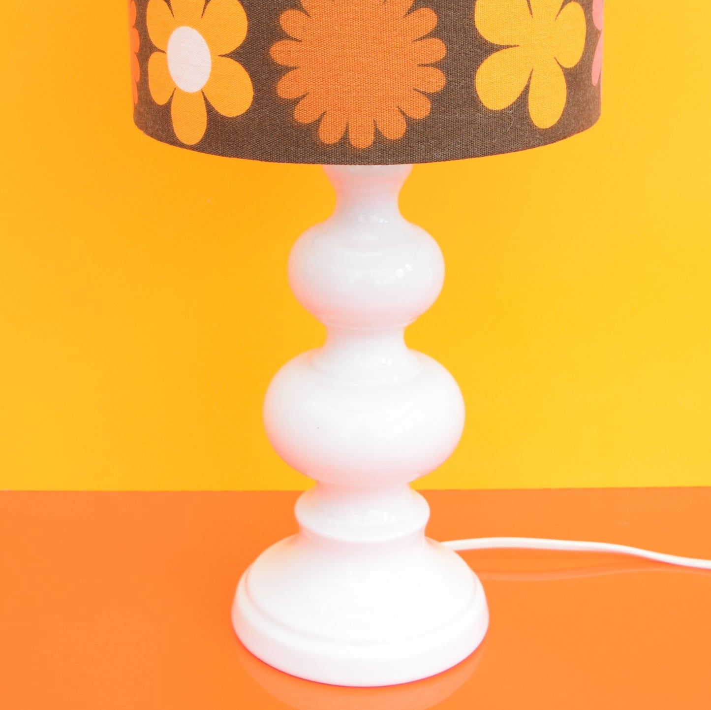 Vintage 1960s Doulton Ceramic Table Lamp - Flower Power Shade, Orange & Brown