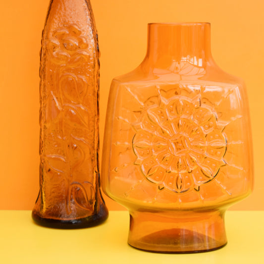 Vintage 1960s Italian Glass Genie Bottle/ Vase - Amber Flower by Vintage