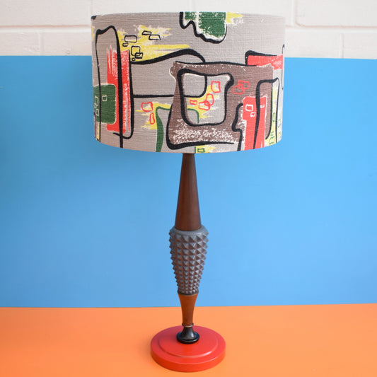 Vintage 1950s Teak & Plaster Lamp - Amazing Barkcloth Shade - Red, Black, Yellow