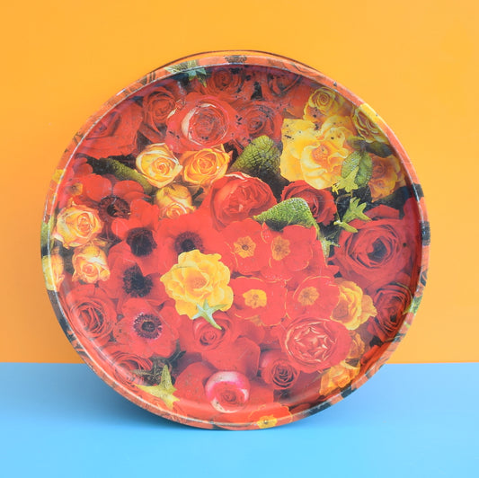 Vintage 1990s Round Metal Cake Tin - Flower Design - Red