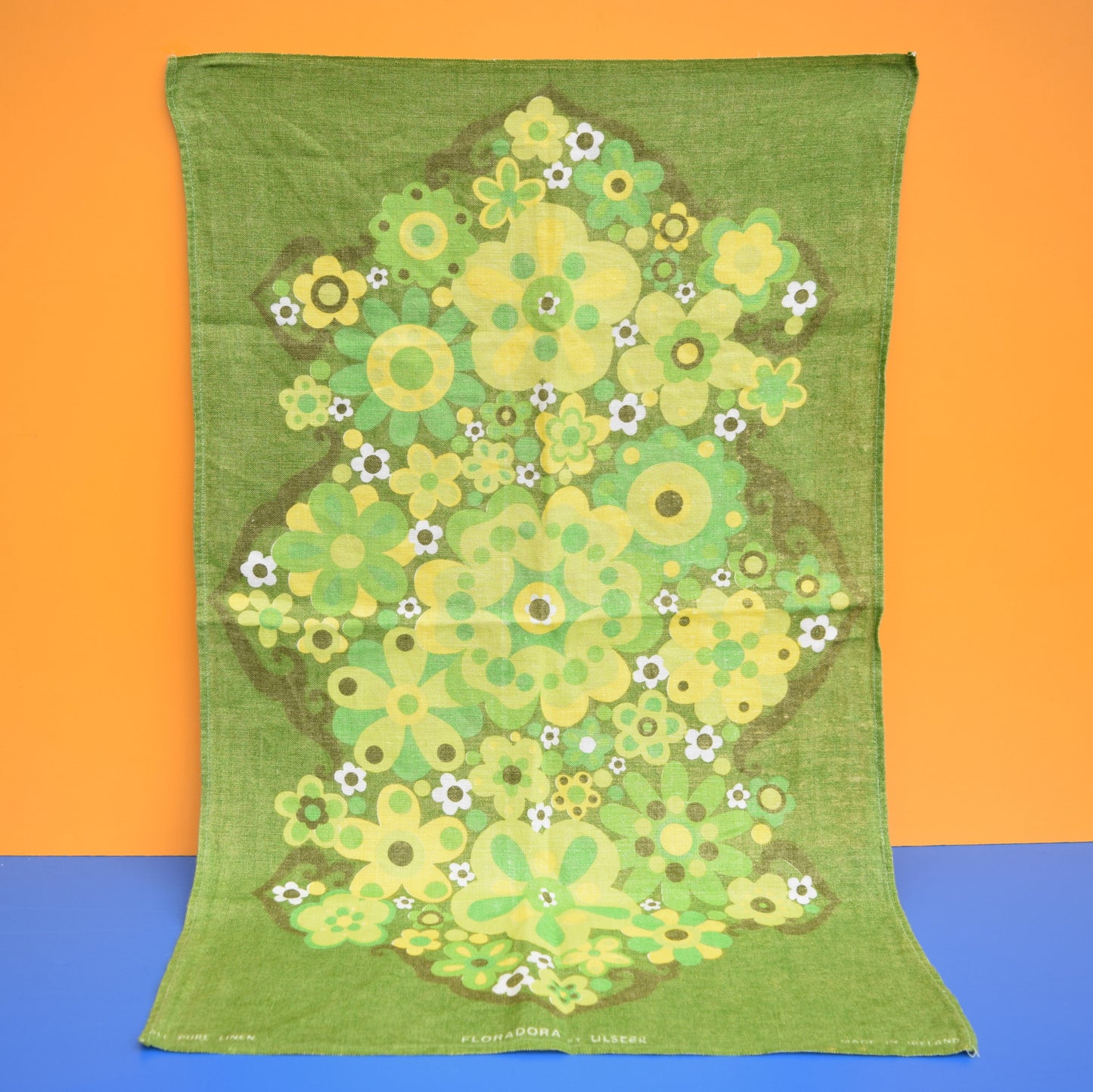 Vintage 1960s Cotton Tea Towel - Floradora Flower Design, Green