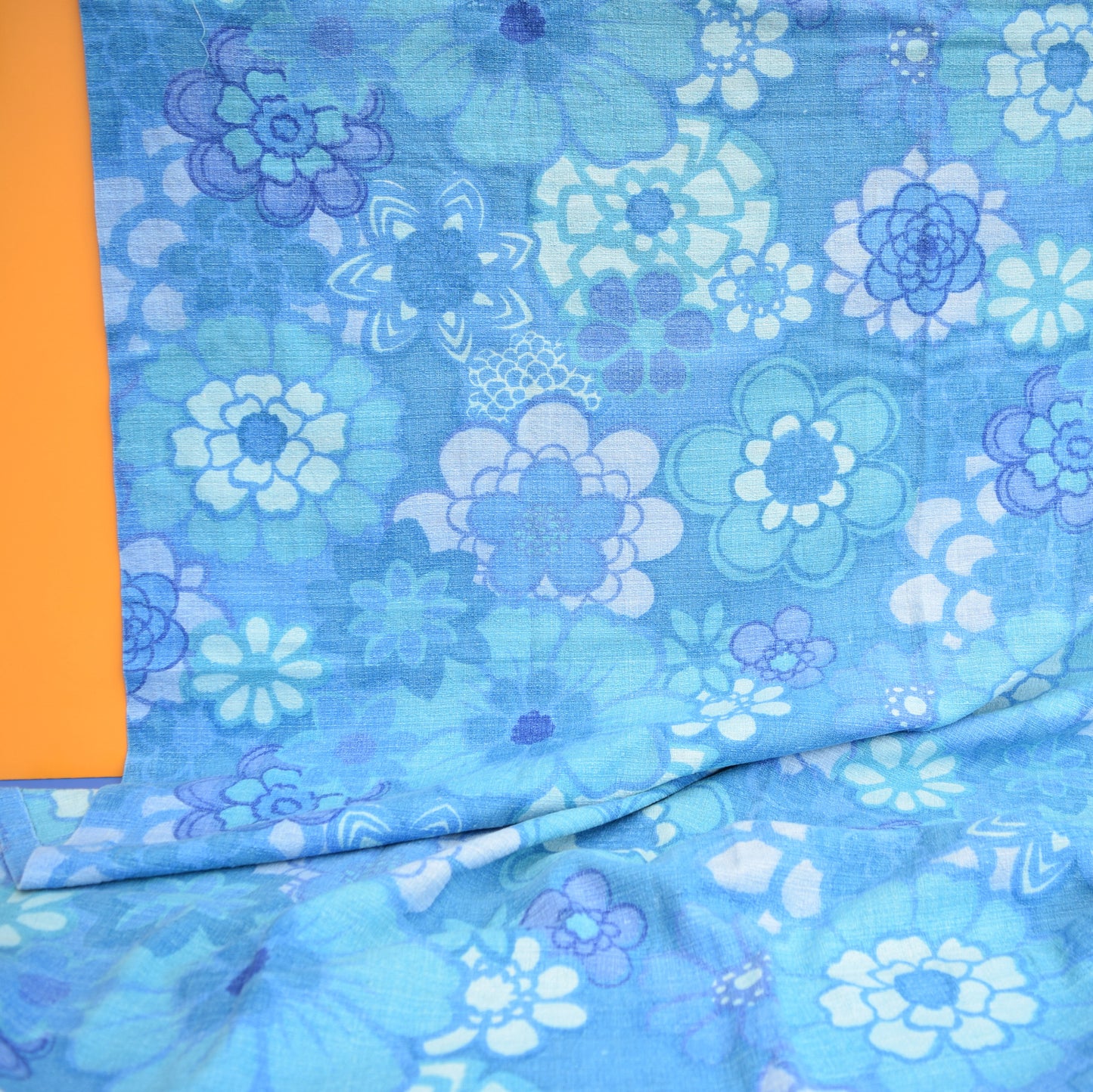 Vintage 1960s Curtains Flower Power,  Blue Barkcloth