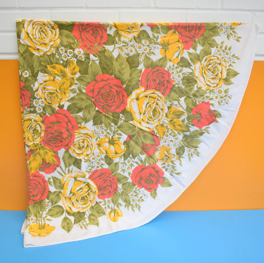 Vintage 1970s Round Tablecloth - Rose Design - Red / Yellow