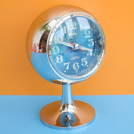 Vintage 1960s Ball Pedestal Alarm Clock - Blue & Chrome by Vintage