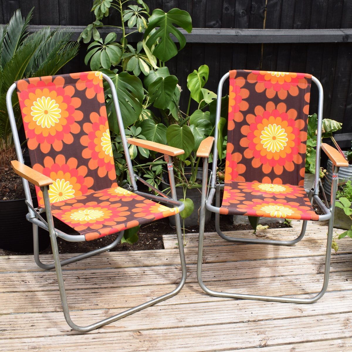 Vintage 1960s Folding, Garden Chair Pair - Flower Power - Orange