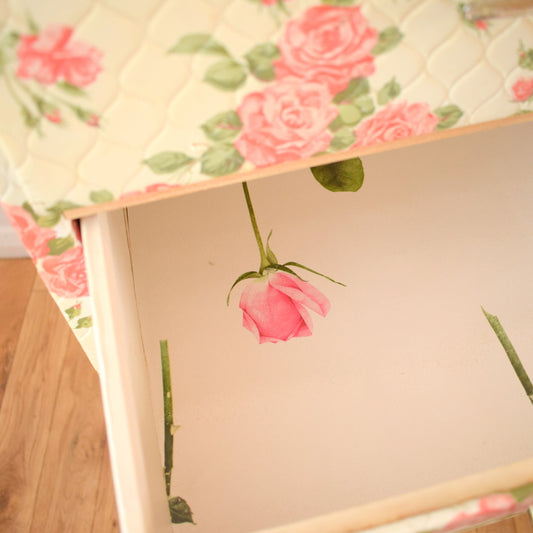 Vintage 1950s Padded Vinyl Rose Print Chest of Drawers - Pink (Pair Available)