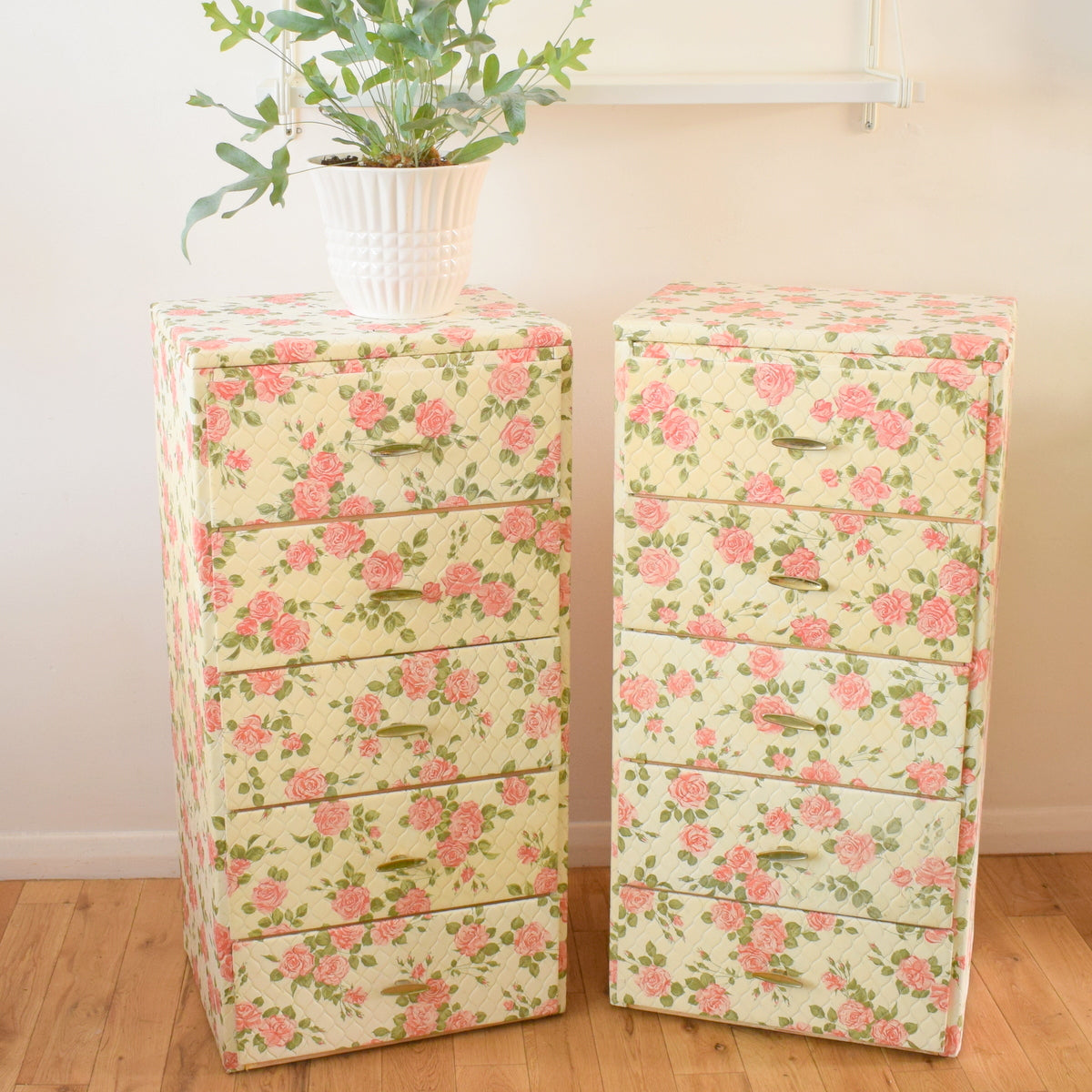 Vintage 1950s Padded Vinyl Rose Print Chest of Drawers - Pink (Pair Available)