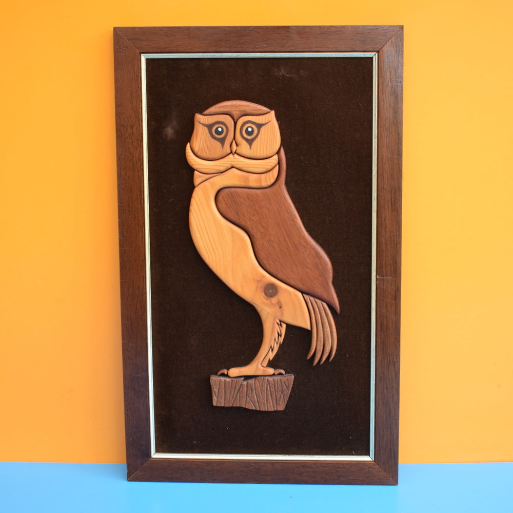 Vintage 1970s Wooden / Velvet Owl Picture