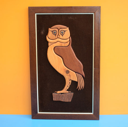 Vintage 1970s Wooden / Velvet Owl Picture by Pineapple Retro