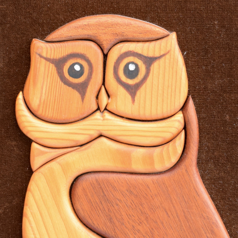 Vintage 1970s Wooden / Velvet Owl Picture
