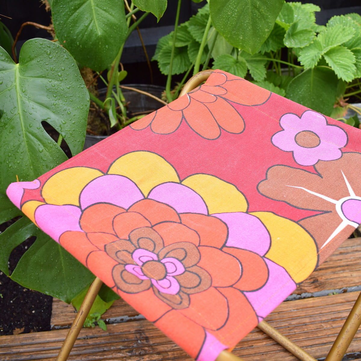 Vintage 1960s Flower Power Canvas Folding Stool - Orange & Pink