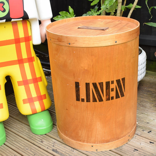 Vintage 1970s Linen Bin - Plywood/ Leather- Habitat