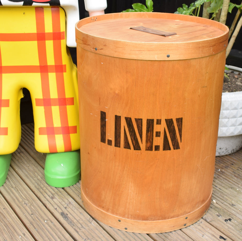 Vintage 1970s Linen Bin - Plywood/ Leather- Habitat