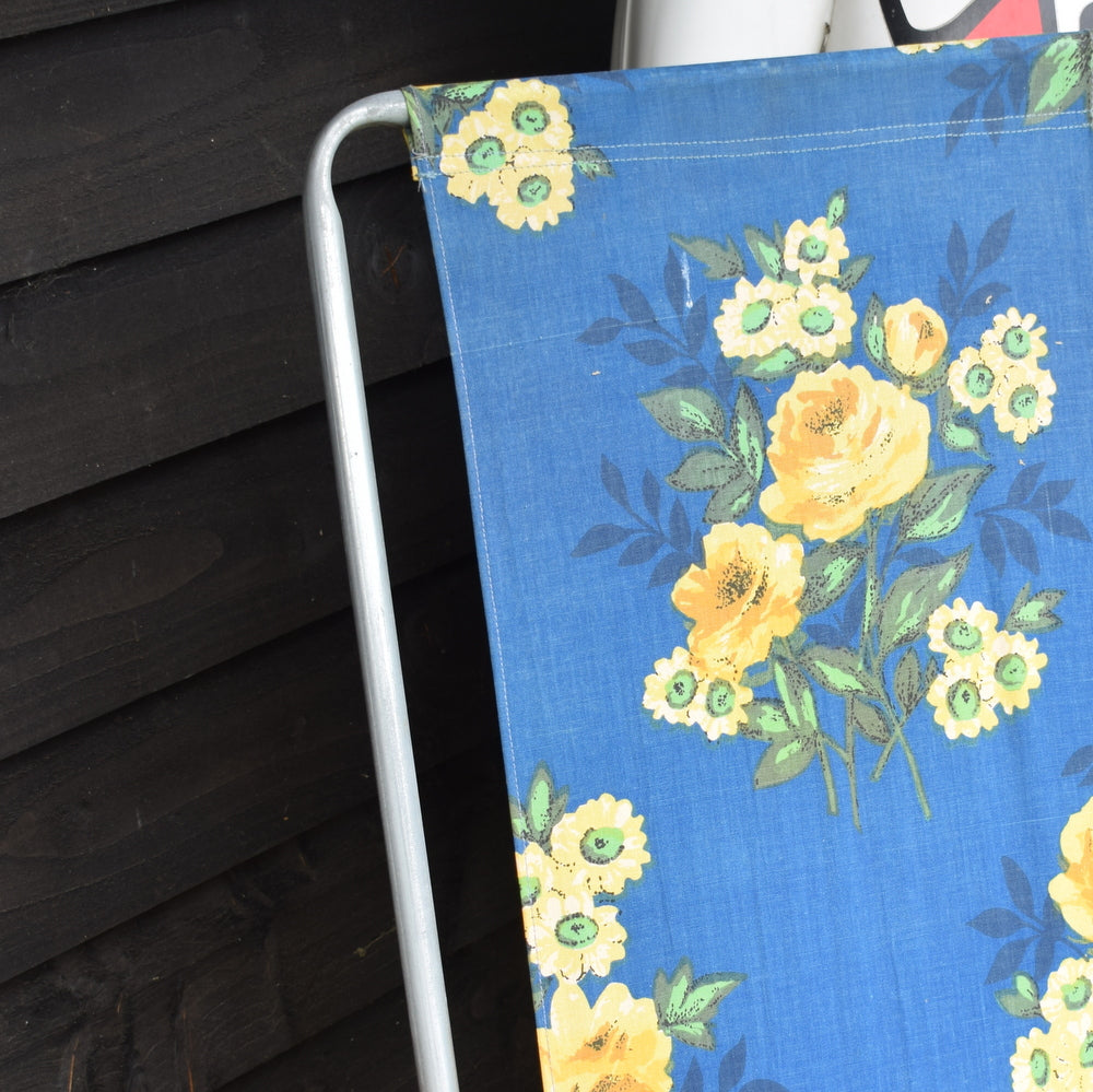 Vintage 1960s Folding, Reclining Garden Chair - Flower Power - Blue & Yellow Roses