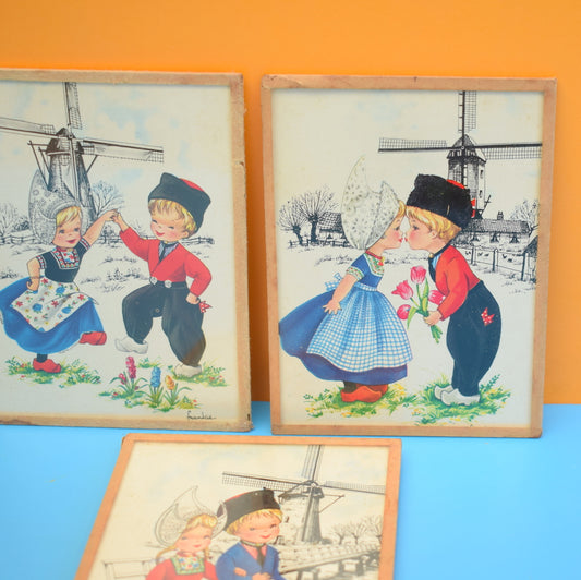 Vintage 1960s Kitsch Dutch Girl & Boy Picture Trio