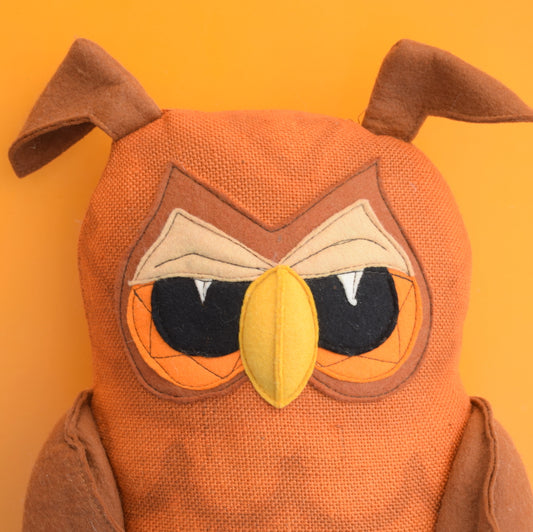 Vintage 1970s Large Felt / Hessian Owl Cushion - Character Crafts Ltd - Brown / Orange