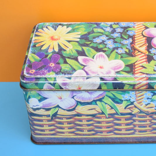 Vintage 1980s Basket Of Flowers Tin - Purple