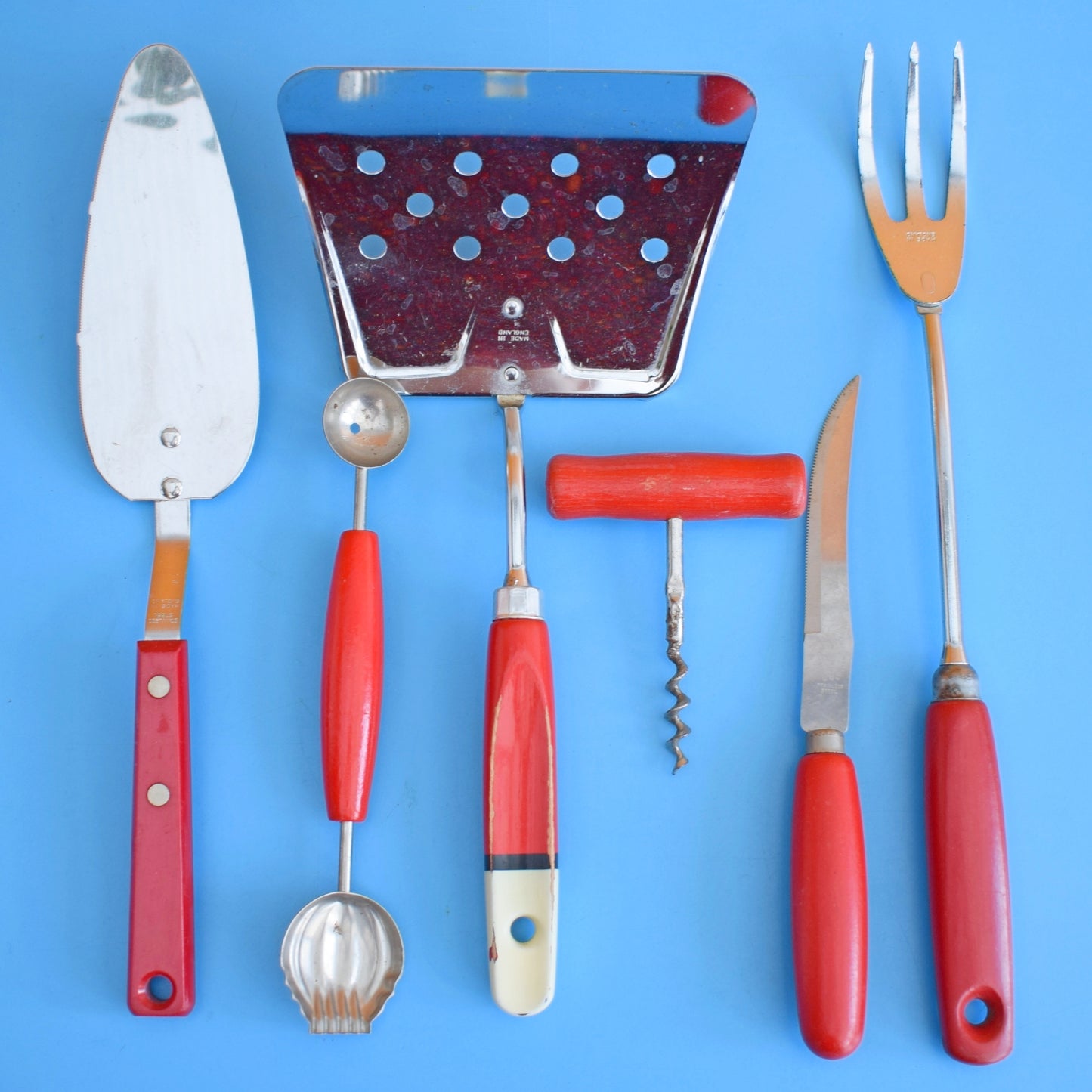 Vintage 1960s Kitchen Utensils - Plastic / Wood Handles - Rainbow Colours