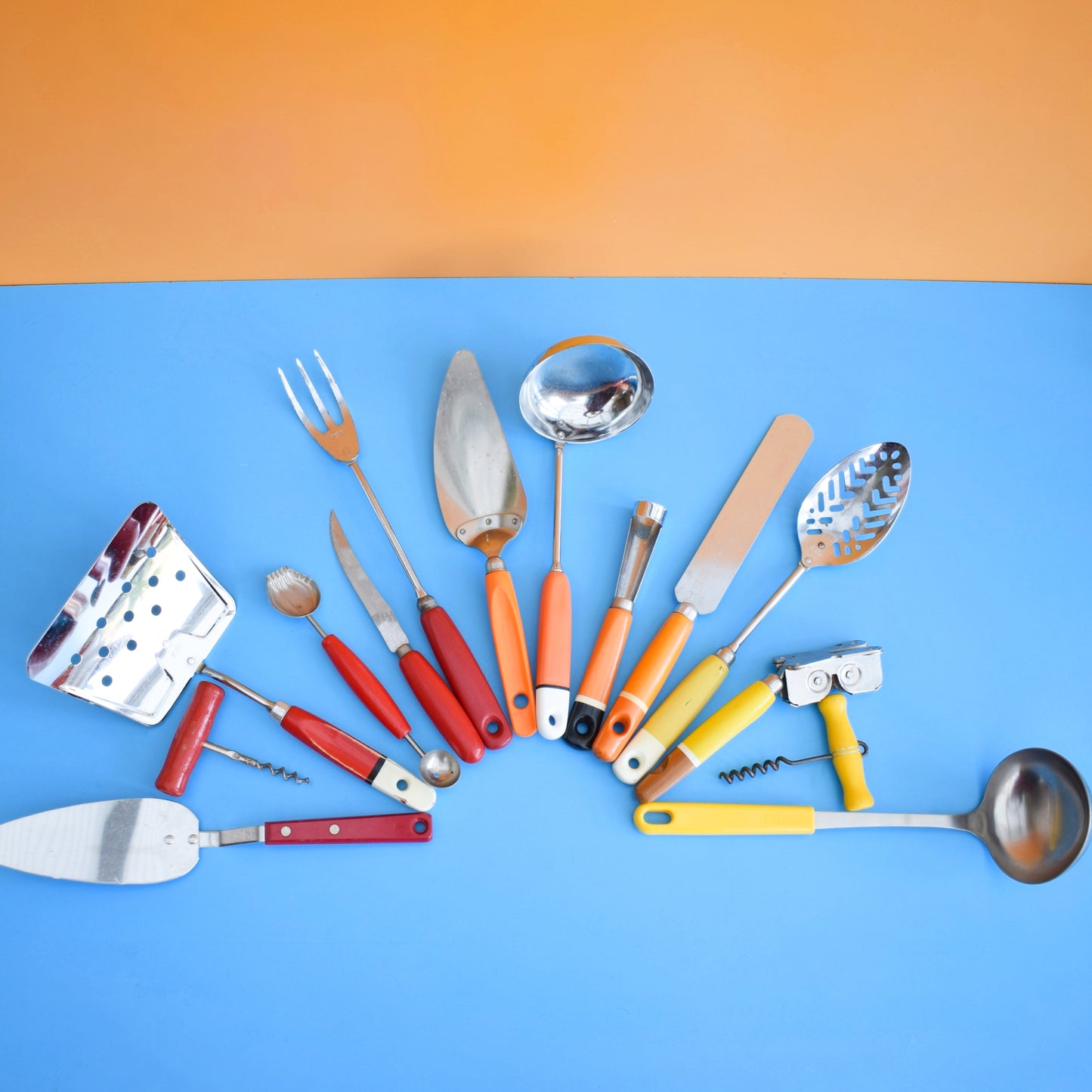 Vintage 1960s Kitchen Utensils - Plastic / Wood Handles - Rainbow Colours