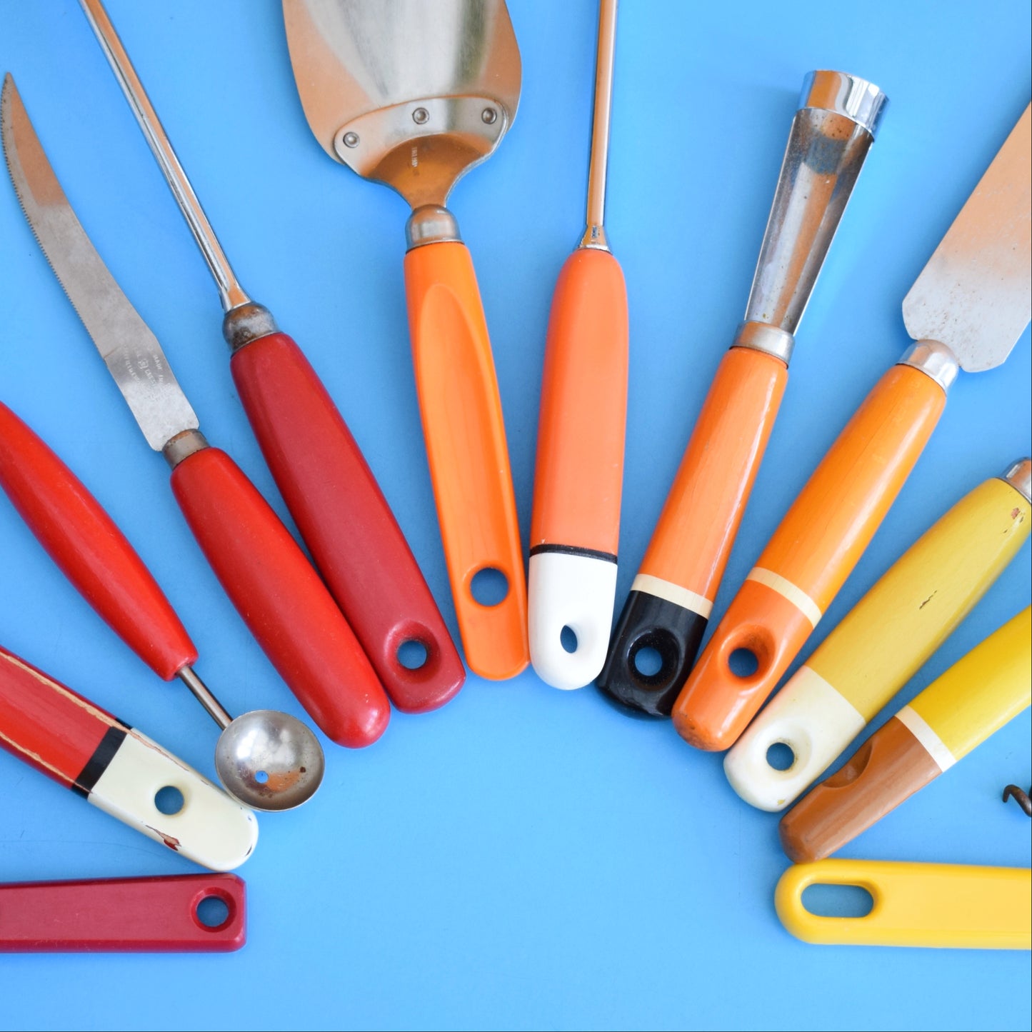 Vintage 1960s Kitchen Utensils - Plastic / Wood Handles - Rainbow Colours