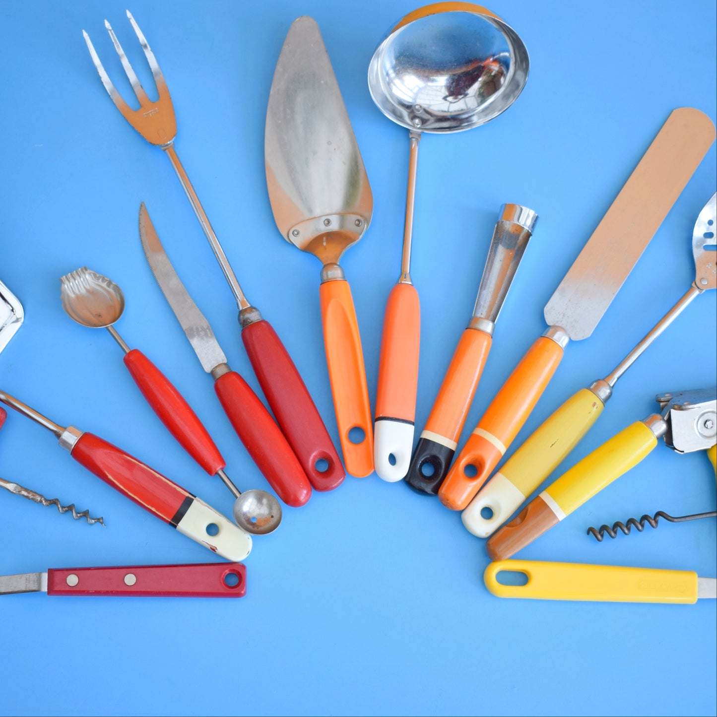 Vintage 1960s Kitchen Utensils - Plastic / Wood Handles - Rainbow Colours